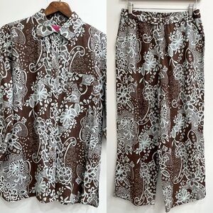 Sunny Leigh brown blue paisley floral print matching pants shirt set linen M